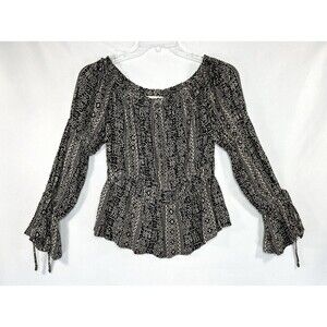 Savanna Jane Boho Top Black Beige Bell Flare Tie Sleeve Size L Hippie Festival